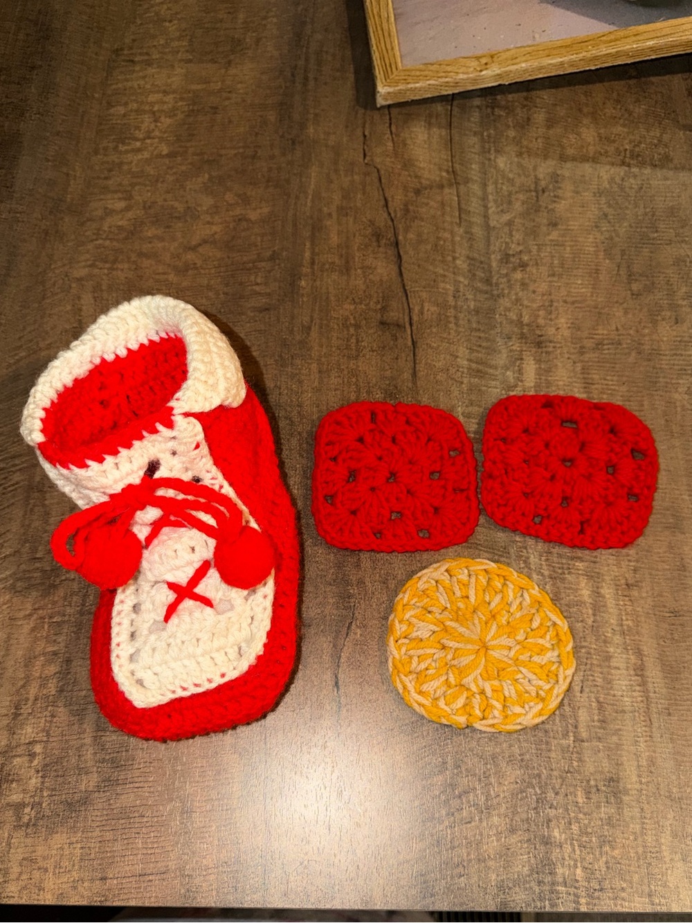 Handmade Red & Cream Crochet Baby Bootie with Red and Yellow Crochet Squares